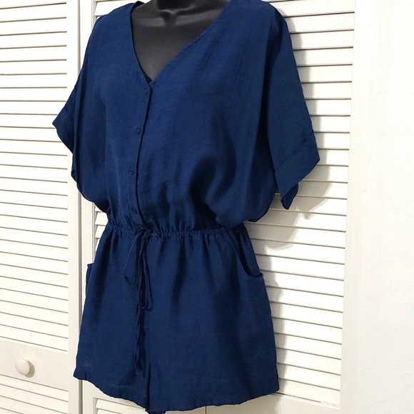 Large Davi & Dani Button Down Romper Short Sleeve Button Round Neck Tie Waist - Picture 4 of 11